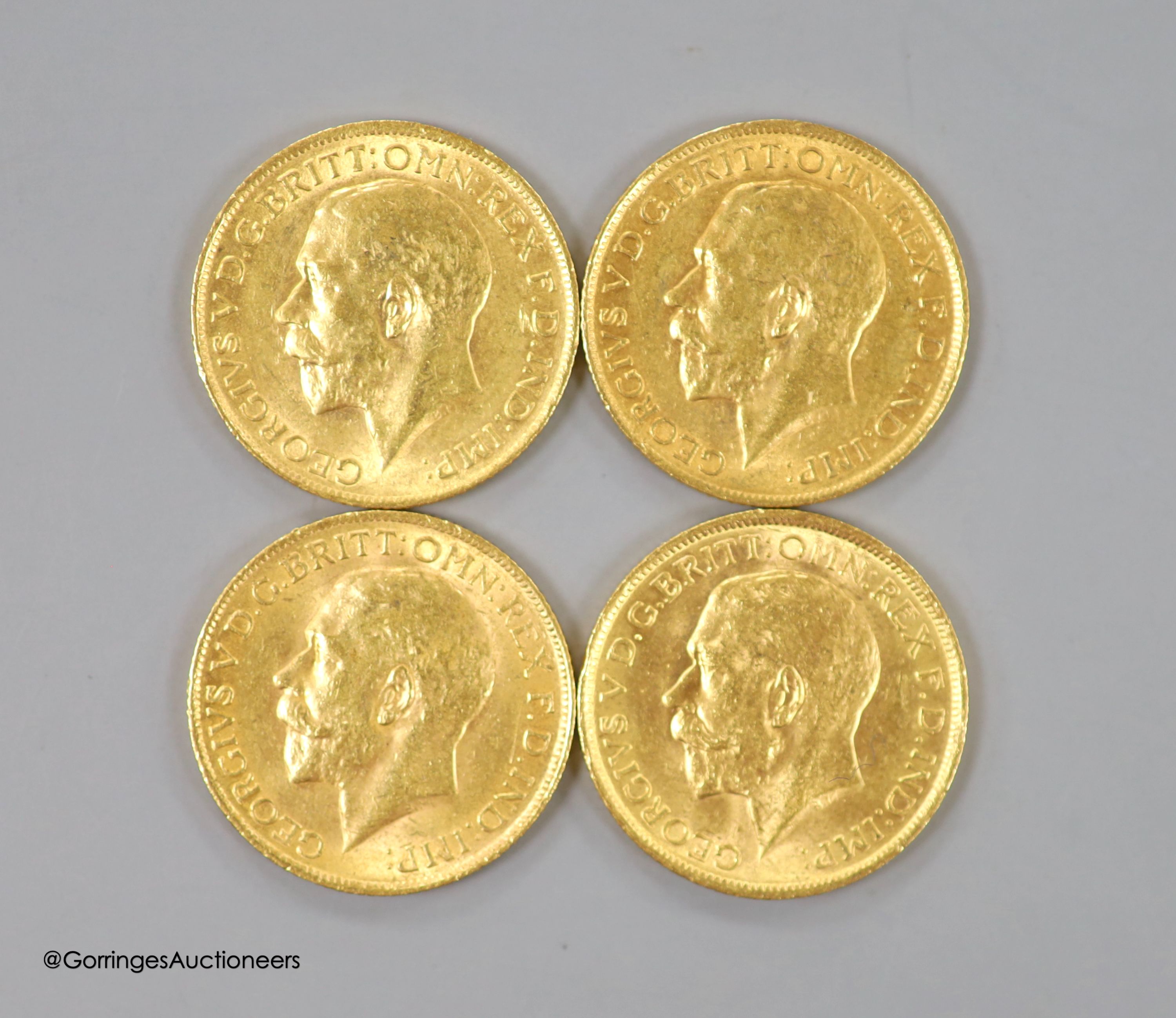 Four George V gold sovereigns, two 1912 and two 1914 (one Sydney mint)